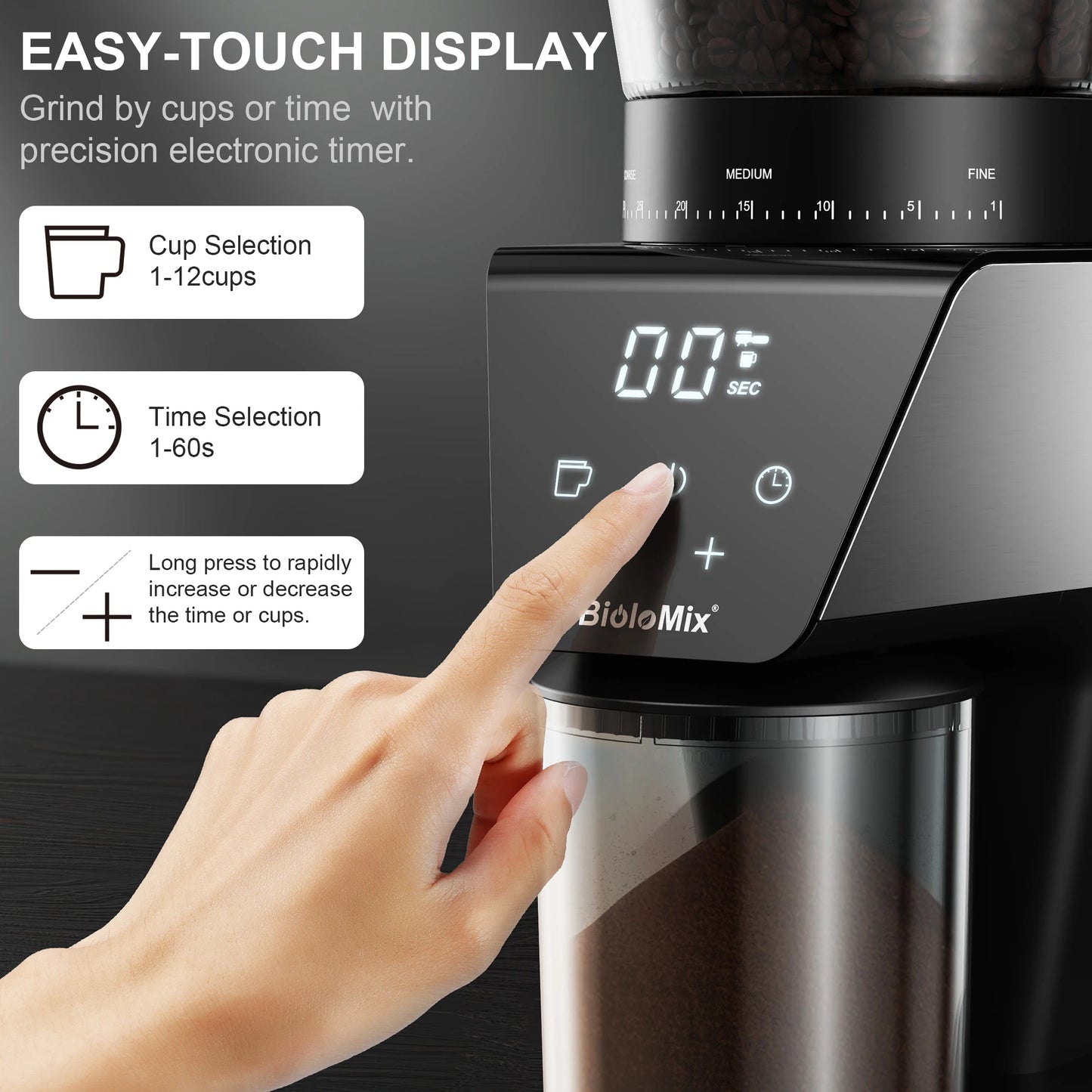 BioloMix Automatic Conical Burr Coffee Grinder – 30 Grind Settings for Espresso, French Press, Drip Coffee (300g Capacity)