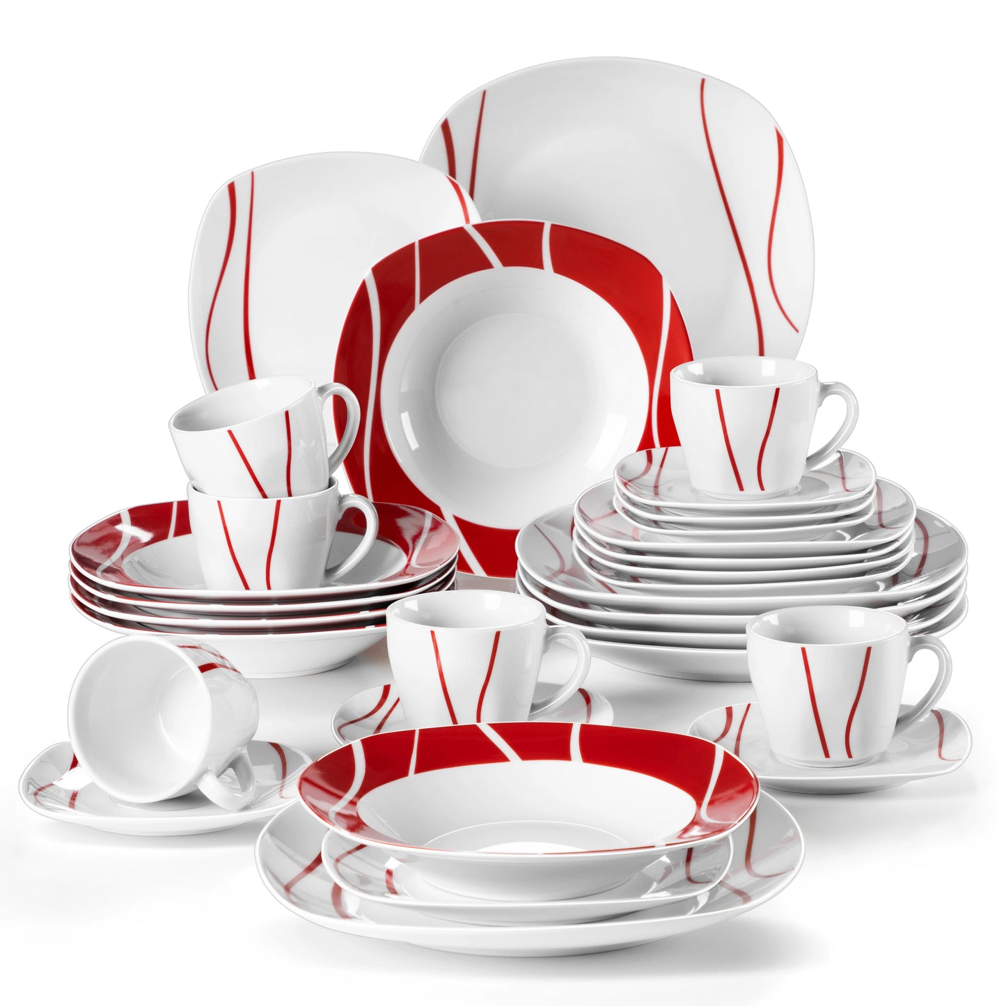 MALACASA Red Elegance. Set di piatti in Porcellana Bianca 30 Pezzi con Accenti Rossi (Servizio per 6)