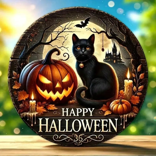Black Cat Pumpkin Halloween Sign. Vintage Fall Decor