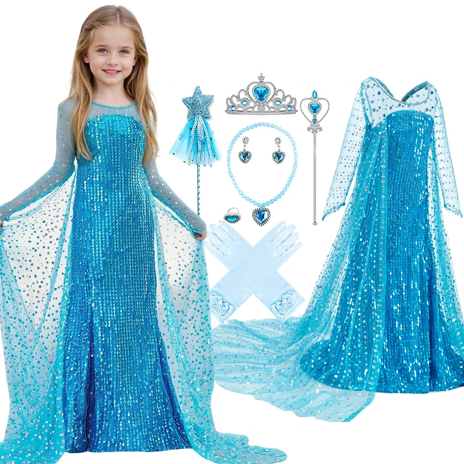Vestito Halloween. Abito da Principessa Elsa Blu con Paillettes.