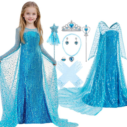 Vestito Halloween. Abito da Principessa Elsa Blu con Paillettes.