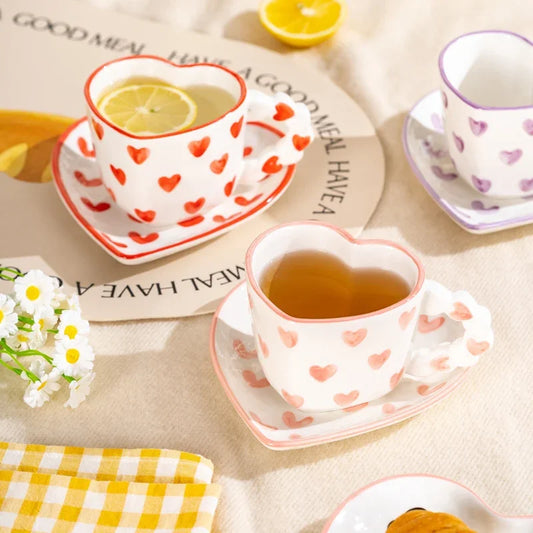 Cute Heart-Shaped Coffee Cup & Saucer – Hand-Painted Ceramic Mug for Your Favorite Drink