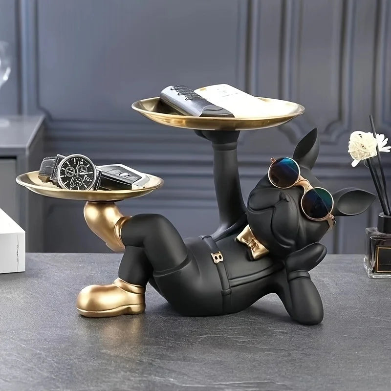 Piccola Statua Bulldog con Vassoio: Eleganza e Funzionalità per gli Oggetti Quotidiani