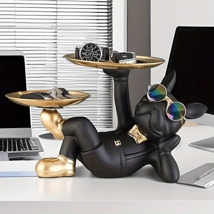 Piccola Statua Bulldog con Vassoio: Eleganza e Funzionalità per gli Oggetti Quotidiani