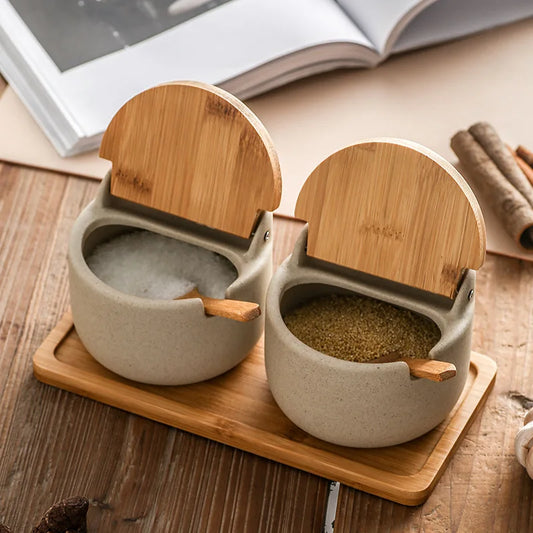 Ceramic Spice Jars Set with Wooden Lids – Modern & Eco-Friendly Kitchen Spice Organizer