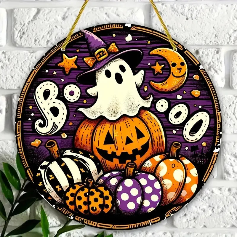 Wooden Halloween Wreath. Ghost & Pumpkin Decor 20x20cm
