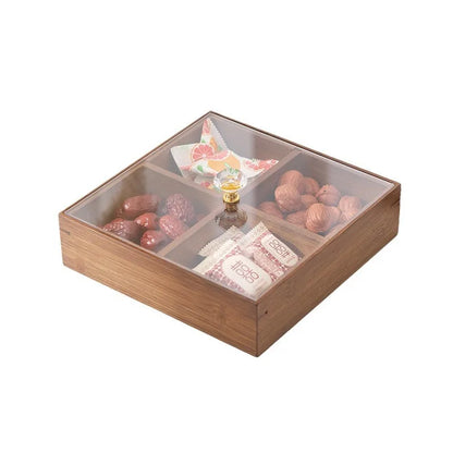 Vassoio da Snack in Bambù HeMu a Quattro Settori con Coperchio. Organizzatore Elegante ed Ecologico per Snack, Frutta Secca e Dessert