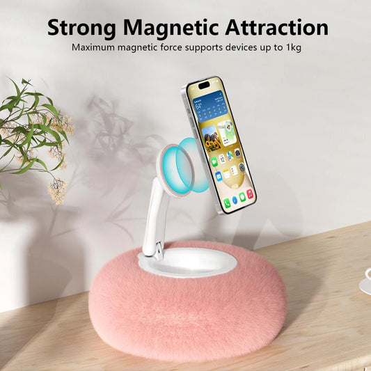 Magnetic Phone Holder Suction Cup Bottom 360° Rotation Foldable Plush Pillow Desktop Stand Support for iPhone, Mobile Phone, iPad