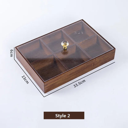 Vassoio da Snack in Bambù HeMu a Quattro Settori con Coperchio. Organizzatore Elegante ed Ecologico per Snack, Frutta Secca e Dessert