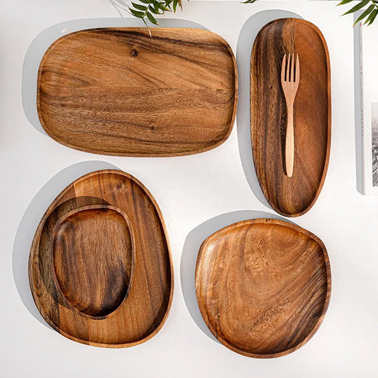 Solid Wood Dinner Plates – Irregular Oval Serving Tray for Fruits, Sushi, and More