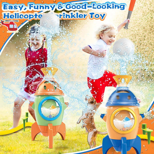 2-in-1 Spinning Rocket & Baseball Splash Toy. The Ultimate Backyard Adventure!