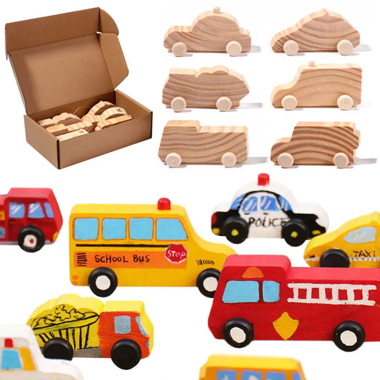 Children 3D Log Color Car Wooden Toys – Montessori Educational DIY Painting Graffiti Learning Set for Kids