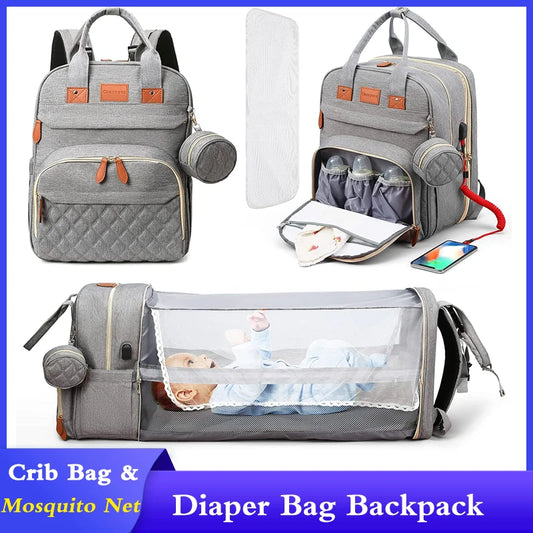 3-in-1 Diaper Bag Backpack with Foldable Baby Bed & USB Port. For Parents On The Move 👶✈️