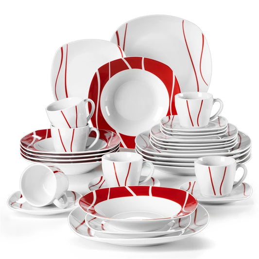 MALACASA Red Elegance. Set di piatti in Porcellana Bianca 30 Pezzi con Accenti Rossi (Servizio per 6)