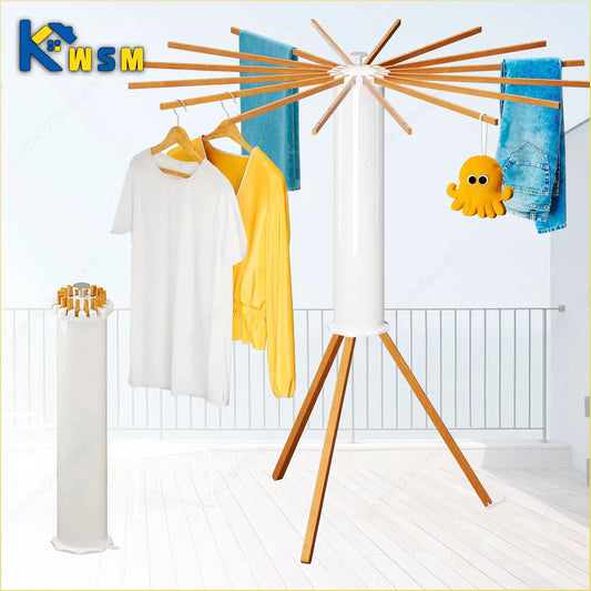 Octopus-Style Foldable Bamboo Clothes Drying Rack. 6 Rods for Efficient Drying Anywhere
