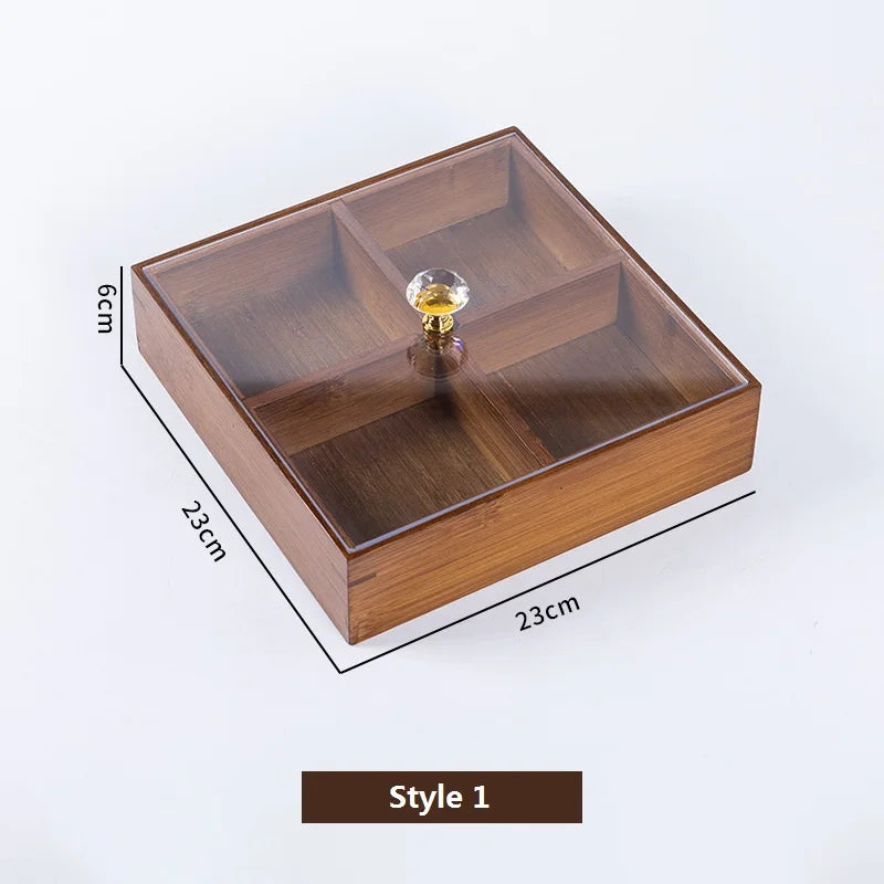 Vassoio da Snack in Bambù HeMu a Quattro Settori con Coperchio. Organizzatore Elegante ed Ecologico per Snack, Frutta Secca e Dessert