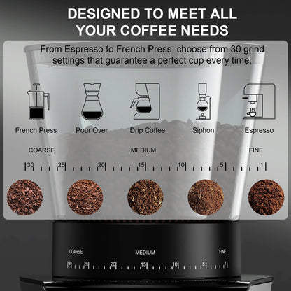 BioloMix Automatic Conical Burr Coffee Grinder – 30 Grind Settings for Espresso, French Press, Drip Coffee (300g Capacity)