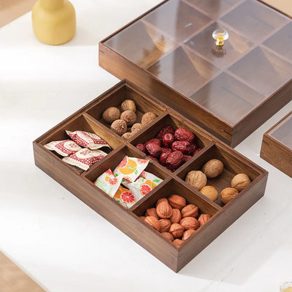 Vassoio da Snack in Bambù HeMu a Quattro Settori con Coperchio. Organizzatore Elegante ed Ecologico per Snack, Frutta Secca e Dessert