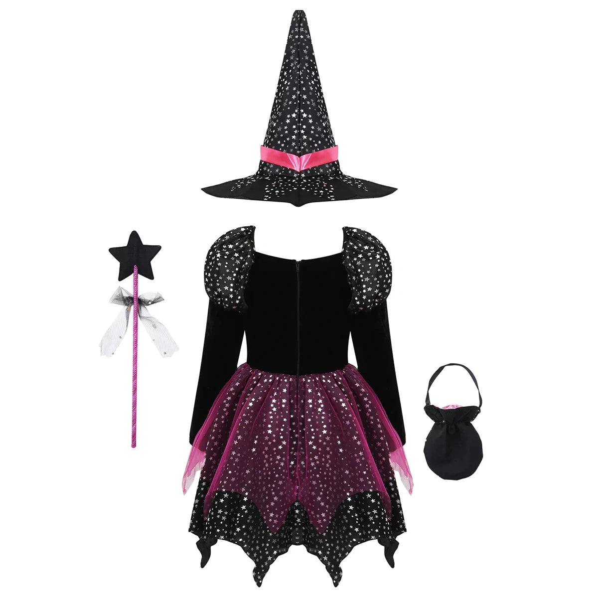 Vestito Halloween con Cappello, Bacchetta e Borsa.