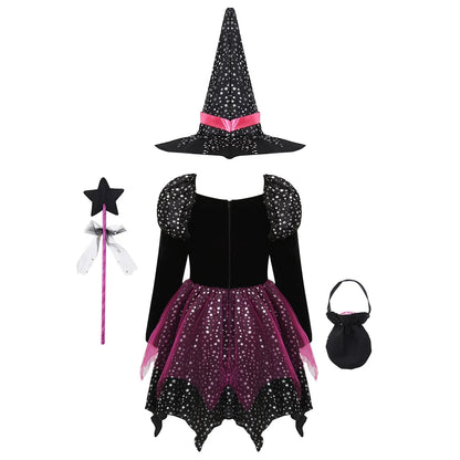 Vestito Halloween con Cappello, Bacchetta e Borsa.