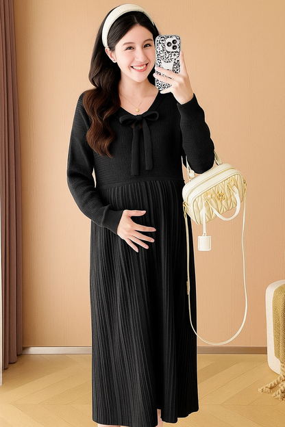 Vestito Premaman Maglia Autunno/Inverno. Eleganza Romantica con Colletto Fiocco e Taglio Plissé