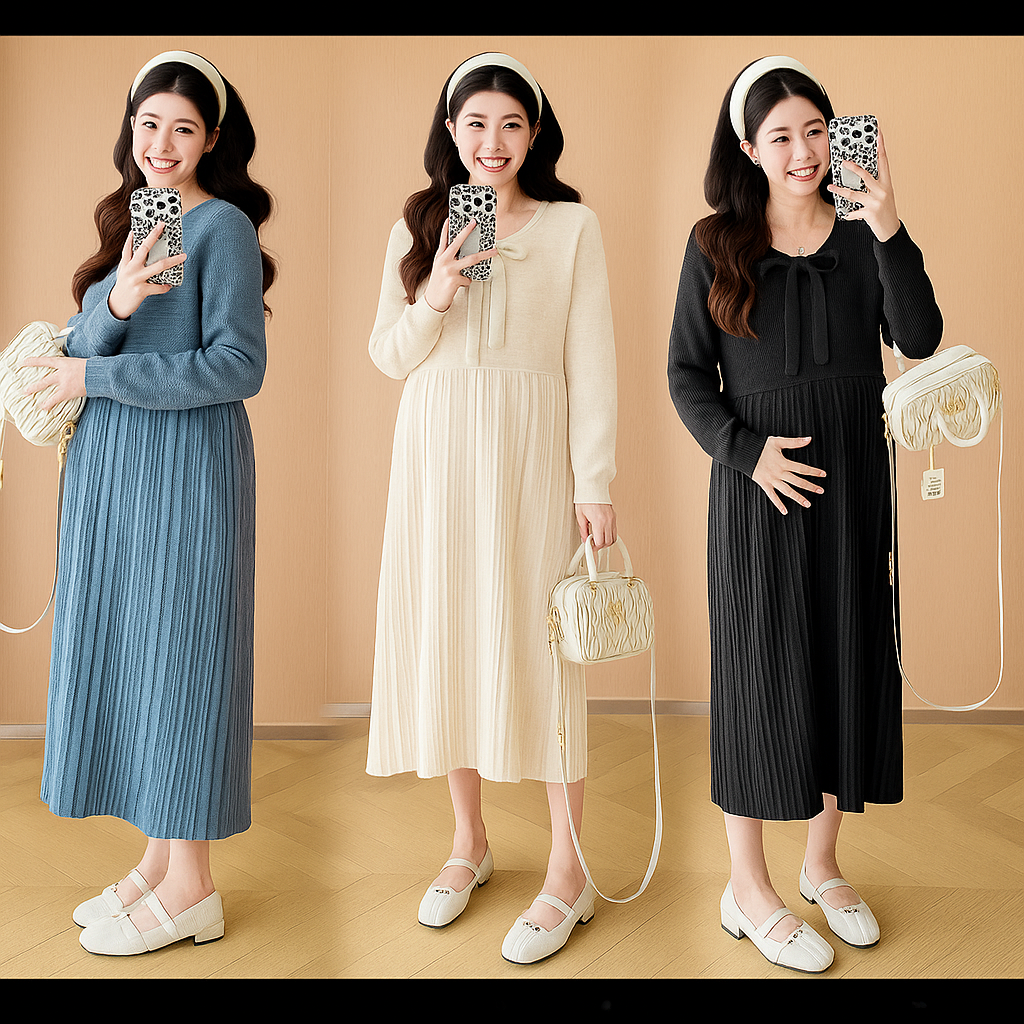 Vestito Premaman Maglia Autunno/Inverno. Eleganza Romantica con Colletto Fiocco e Taglio Plissé